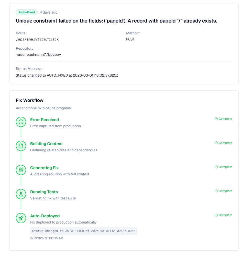 BugStack dashboard showing a real auto-fixed production error with full fix workflow